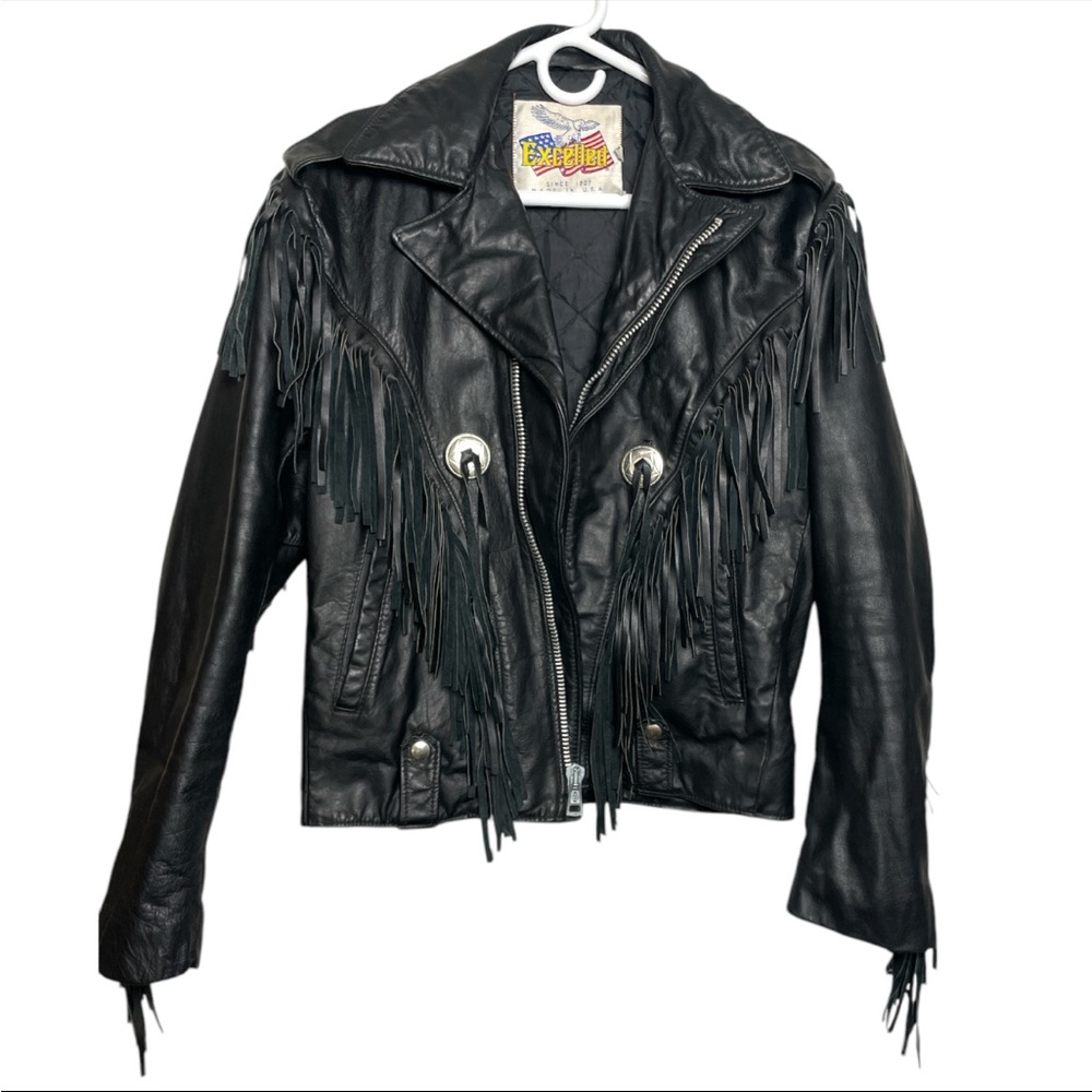 Excelled 80s Black Leather Fringe Southwestern Biker Long Sleeve Coat Unisex - Picture 1 of 4